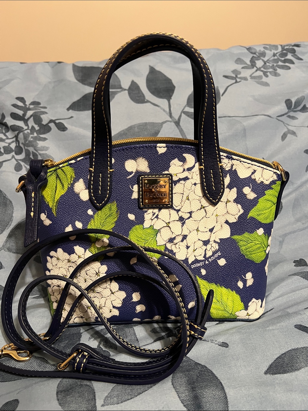 Dooney & Bourke Navy Floral Mini Satchel With Green Leaves
